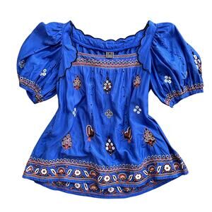 Lithe 100% Silk Blue Peasant Blouse S – Embroidered Boho Top Y2K Era